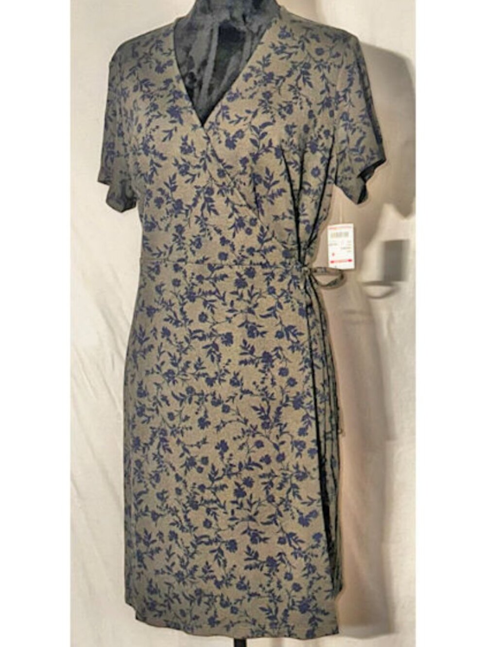 NWT Old Navy Olive Green Wrap Dress, Blue Flowers, Large Petite